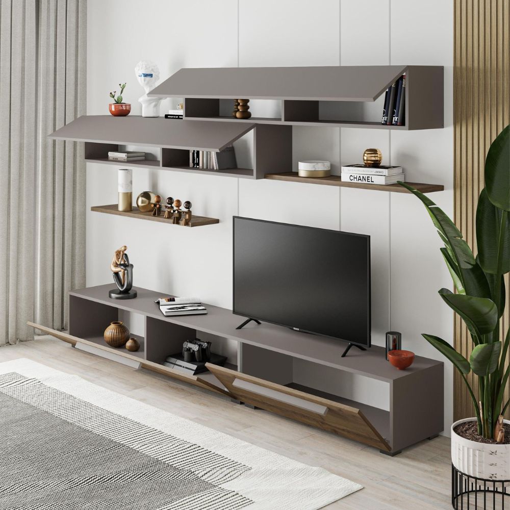 TV-Wohnwand mit Türen und Regalen in Hitit und Light Mocha 260 cm - Mokat