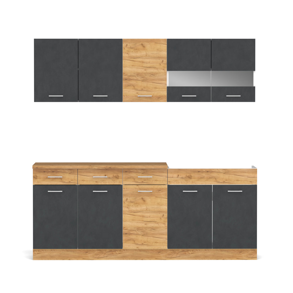 Cucina monoblocco 160 cm con lavello e pensili colore rovere e grigio Erika