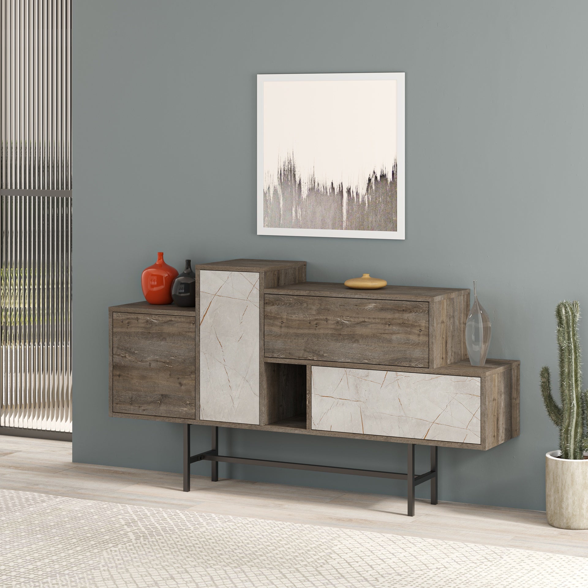 Madia con ante e cassetti 160 cm colore coffee e marmo - Hermes