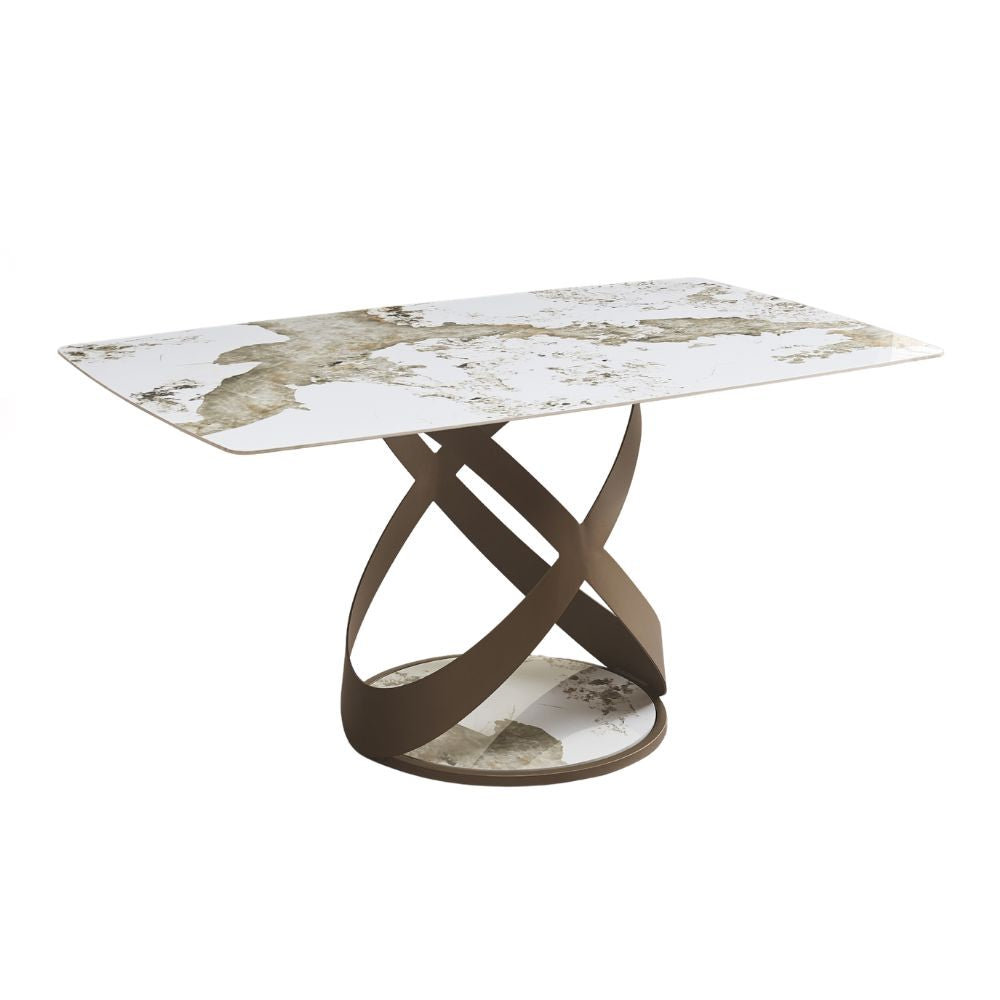 Tavolo fisso con piano in ceramica marmo bianco e base in metallo intrecciata 160x90x76H Velika