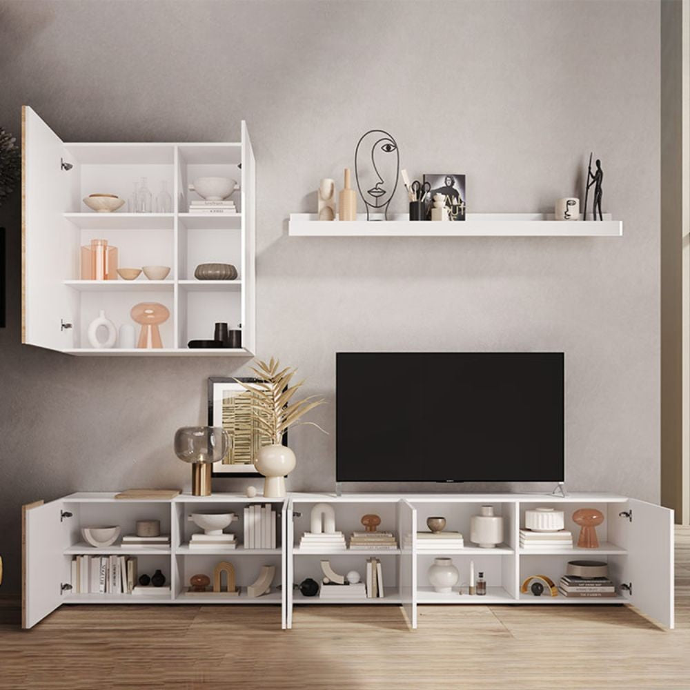 Parete attrezzata 301 cm colore bianco lucido e rovere Kadiz - Sabry