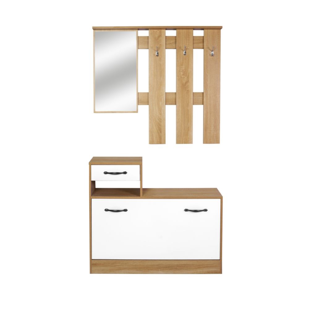 Mobile ingresso 100 cm con specchio e scarpiera colore rovere e bianco lucido - Rudolf