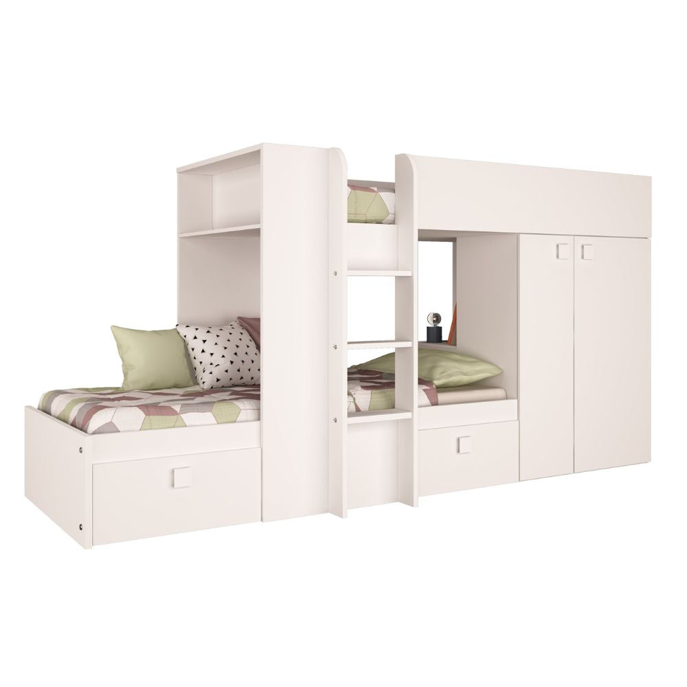 Lit superposé avec armoire et tiroirs couleur blanc 295x110x150H - Witt