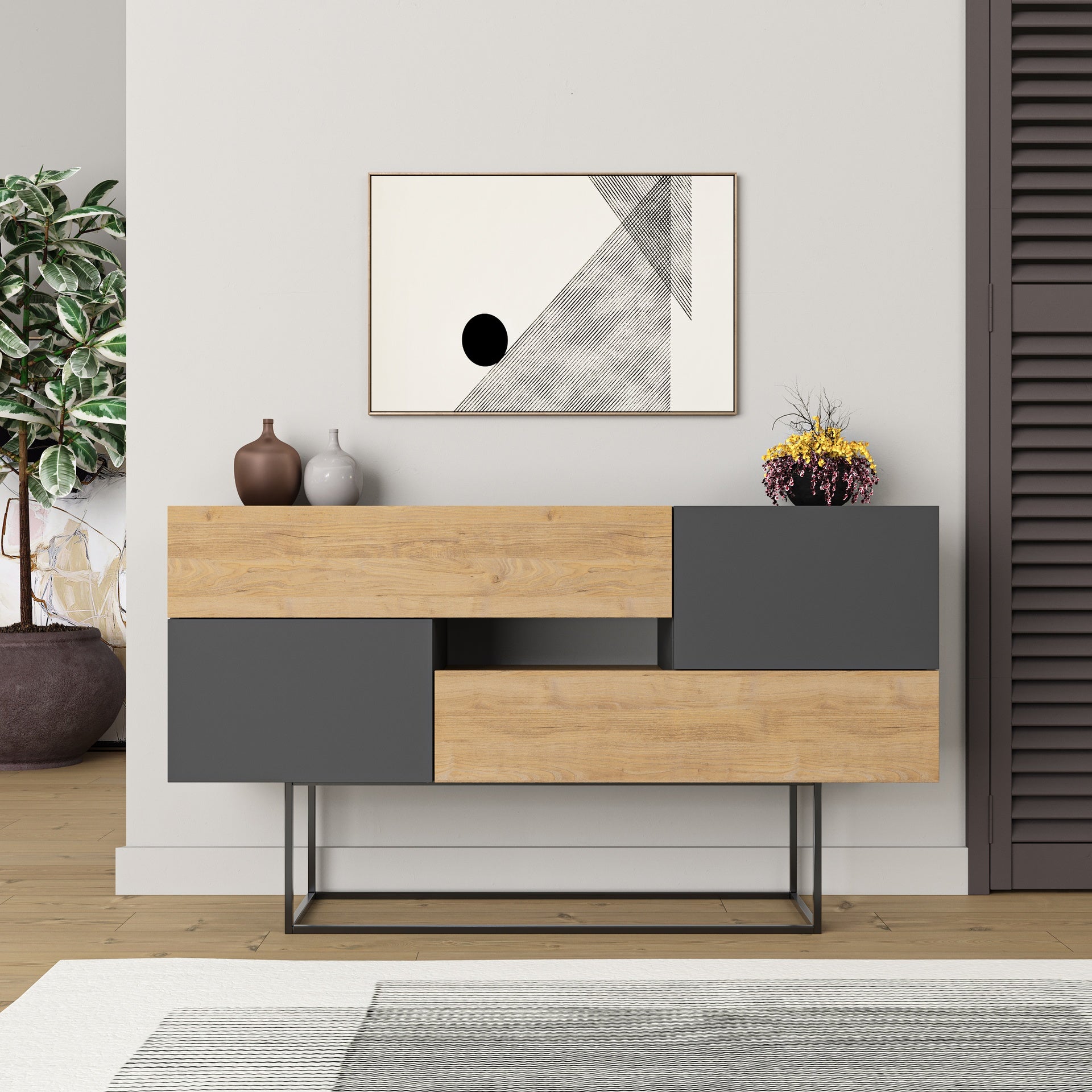 Madia con ante e cassetti color rovere e antracite 145 cm - Eros