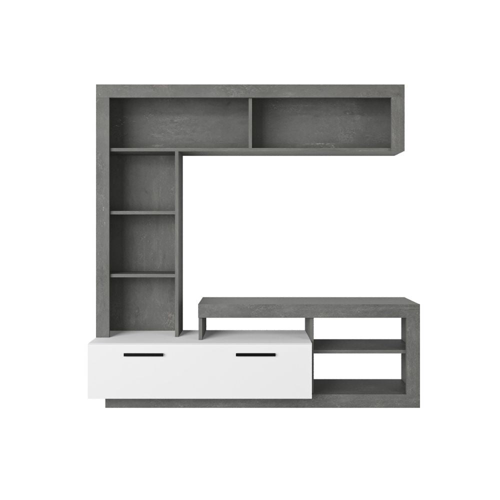 Parete attrezzata 171 cm in legno con anta e vani a giorno colore cemento e bianco - Leo