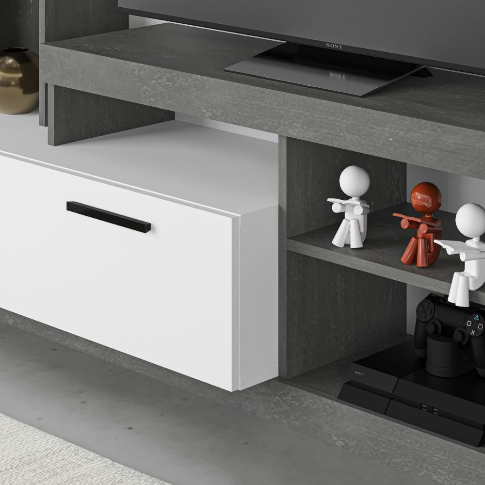 Parete attrezzata 171 cm in legno con anta e vani a giorno colore cemento e bianco - Leo