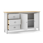Buffet 2 portes et 3 tiroirs en bois massif coloris blanc et chêne Misti 150x40x80H