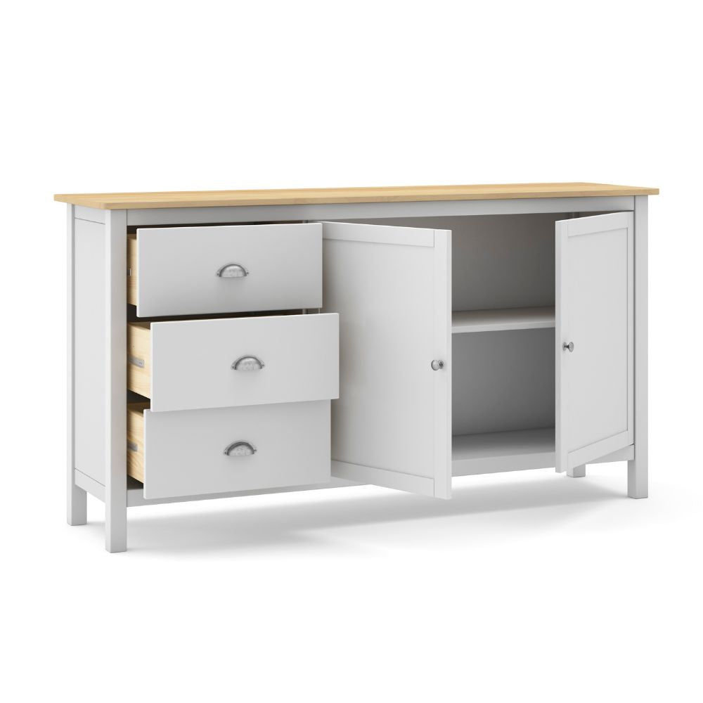 Sideboard mit 2 Türen und 3 Schubladen aus Massivholz, weiß und Eiche Misti 150x40x80H