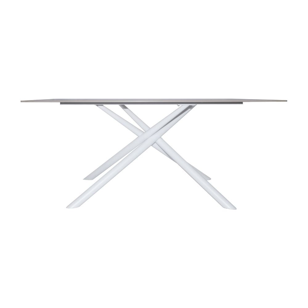Tavolo fisso con piano effetto marmo travertino e struttura in metallo bianco stile Shangai 180x90 Corveo