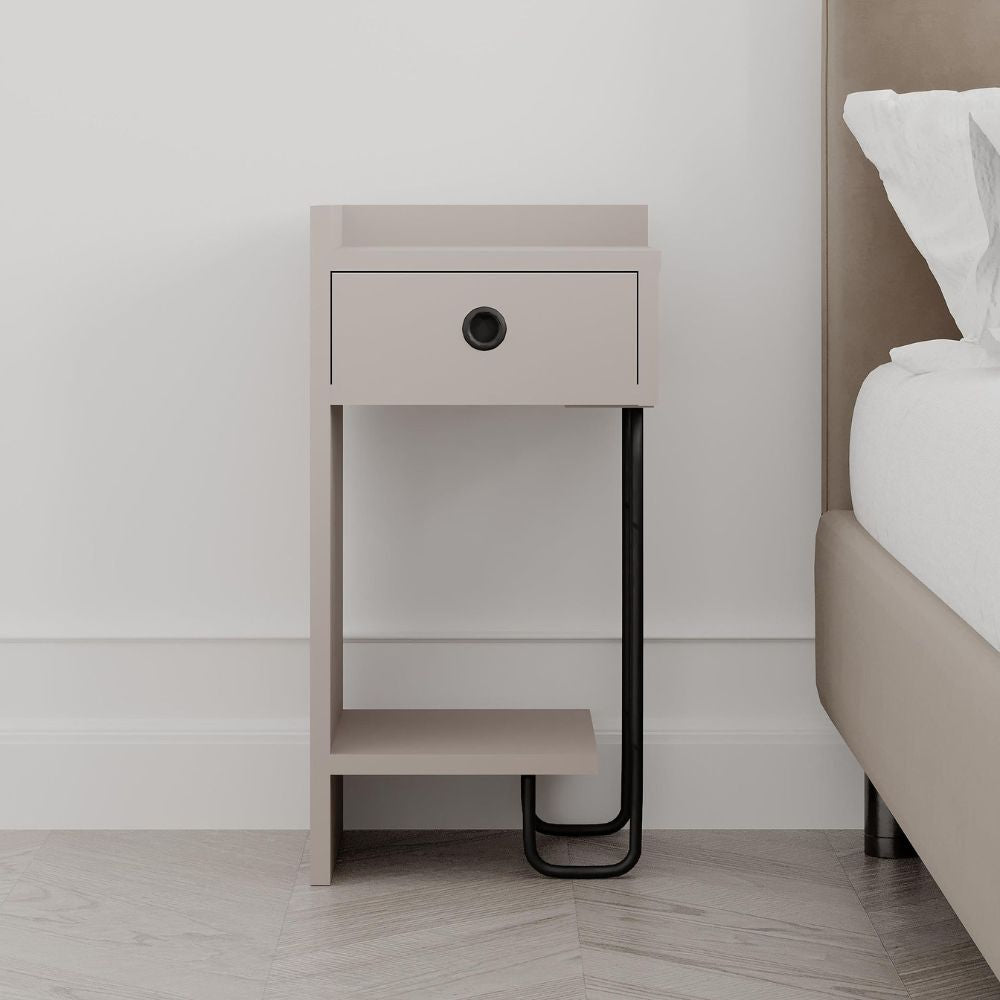 Comodino con cassetto e gamba in metallo nero sinistro colore tortora Sirius
