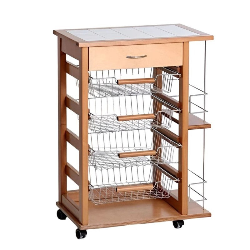 Carrello da cucina 4 cestini estraibili con ripiani porta bottiglie ed un cassetto Vesuvio rovere