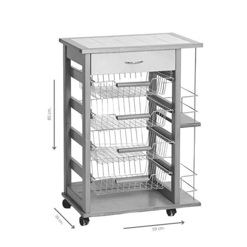 Carrello da cucina 4 cestini estraibili con ripiani porta bottiglie ed un cassetto Vesuvio rovere