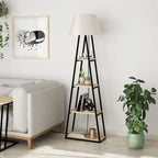 Lampada da terra in metallo nero con mensole rovere Pal 50x165