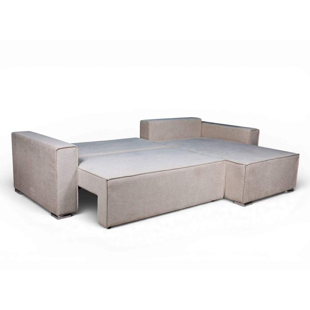 Divano angolare tortora con letto Easy Open, contenitore e penisola reversibile Emily