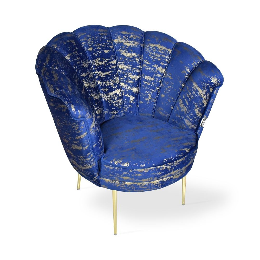 Poltrona a conchiglia Orel velluto blu e fantasia oro
