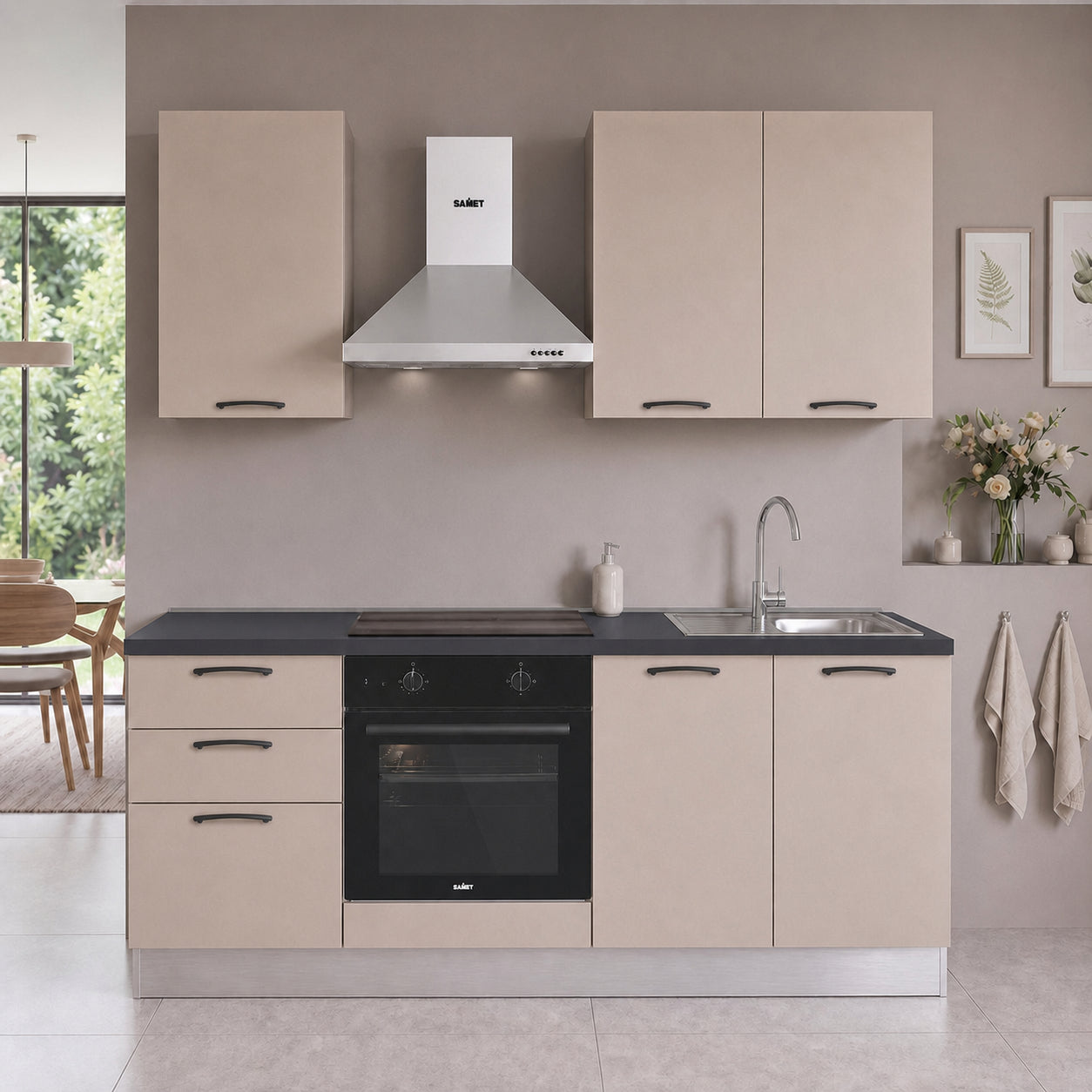Cucina completa con elettrodomestici e piano induzione colore cashmere Taurusnew 195 cm Industrie Valentini