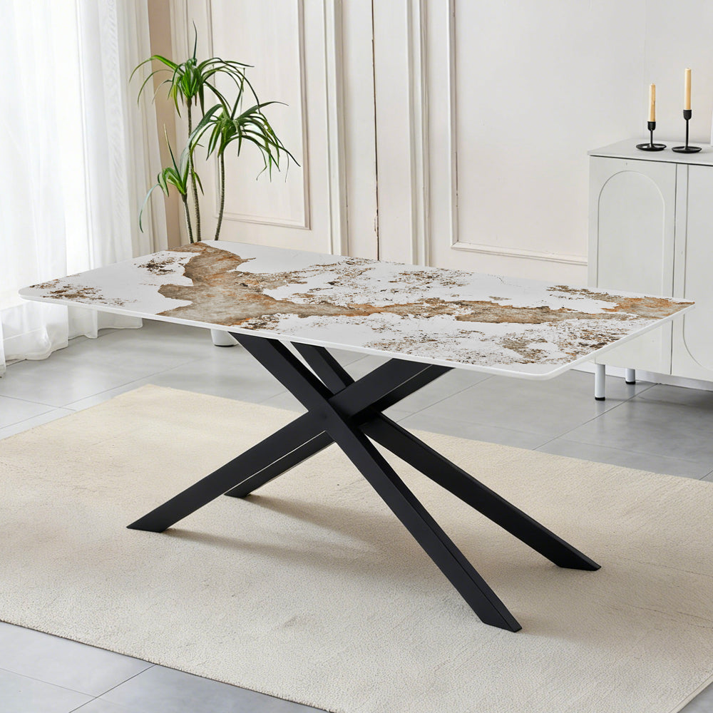 Tavolo rettangolare 180x90 in ceramica effetto marmo bianco pandora brown lucido con struttura in metallo nero Star 