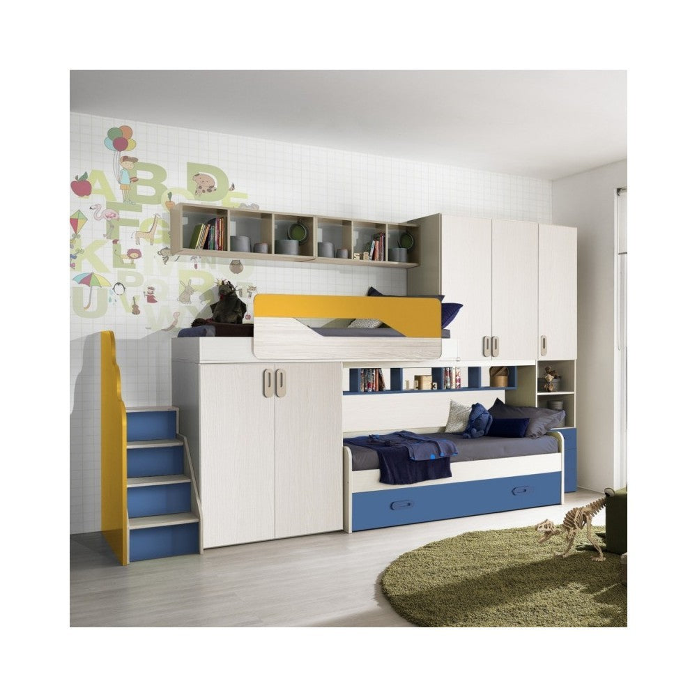 Cameretta soppalco con 3 letti colore kiri avio e giallo - Milly