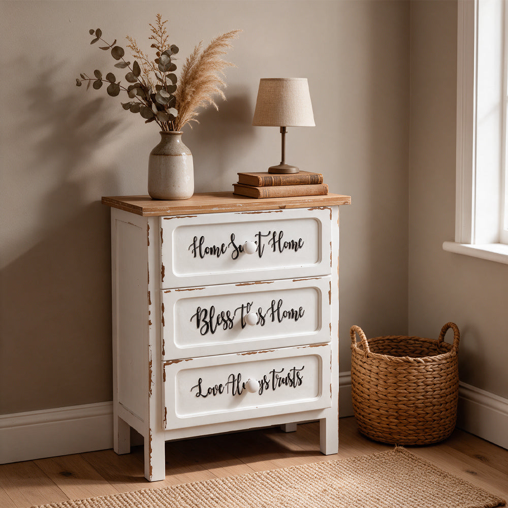 Mobile multiuso shabby chic 3 cassetti colore bianco e top overe H 70 cm Breslavia