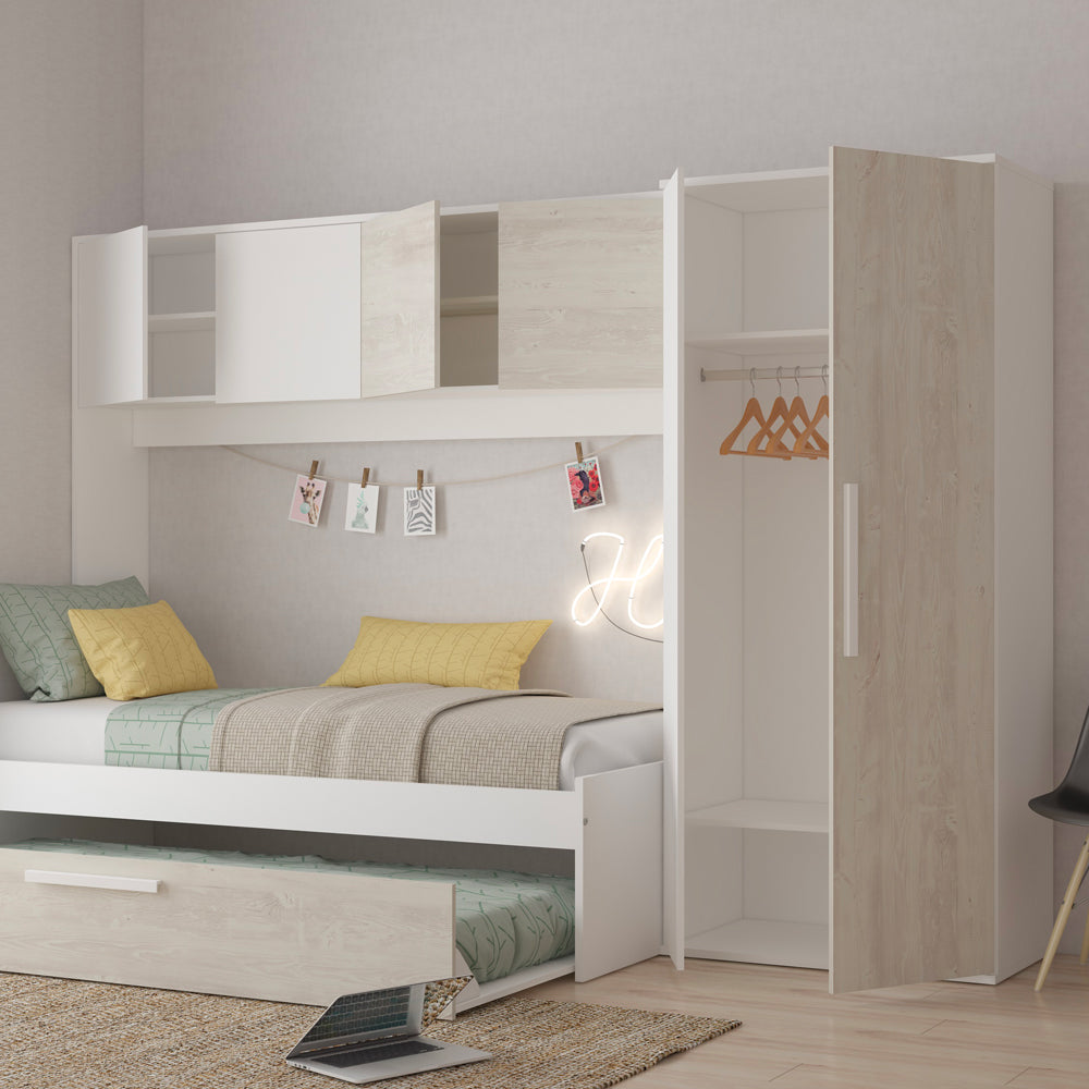 Brückenbett mit Ausziehbett und Kleiderschrank in Used-Weiß und Weiß