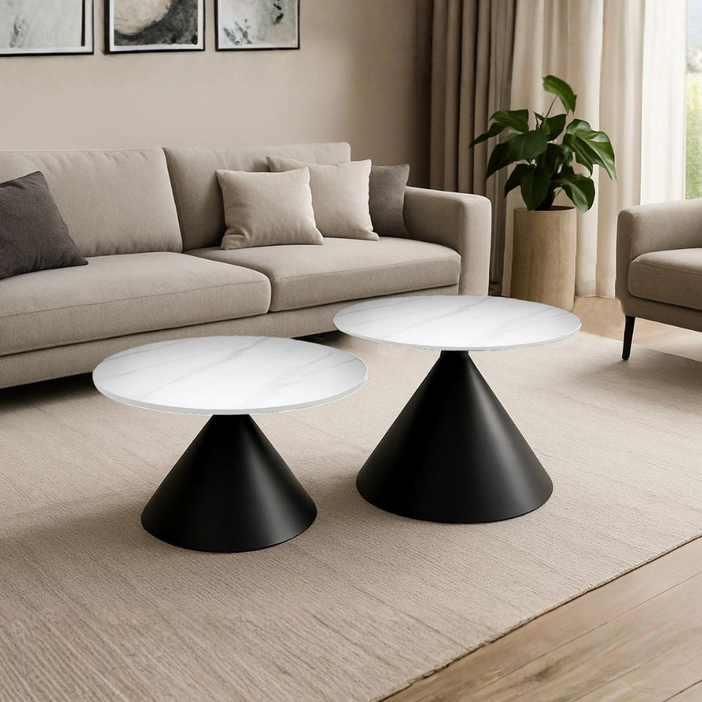 Set 2 tavolini da salotto con piano effetto marmo bianco e gambe in metallo nero Punto