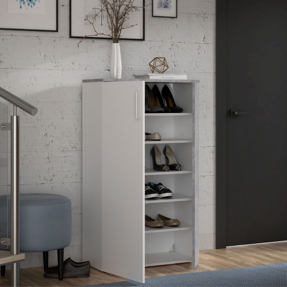 Mobile multiuso scarpiera 2 ante con 5 ripiani colore bianco e cemento 69x34x120H Lucio