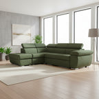 Divano letto angolare con penisola sinistra e pouf contenitore verde oliva Fiona