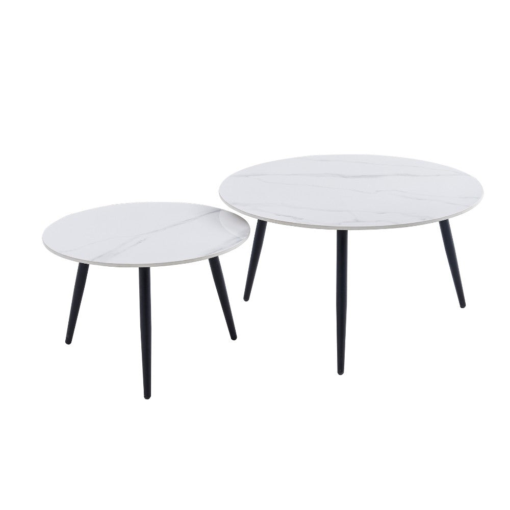 Set 2 tavolini da salotto piano in ceramica effetto marmo bianco lucido e gambe nere BICOLOR
