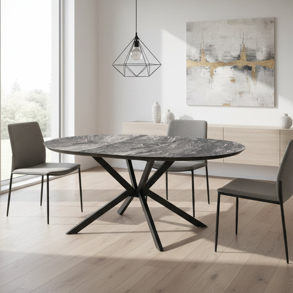 Tavolo rotondo allungabile piano effetto marmo nero arabesque lucido 126x126x76H Dobok