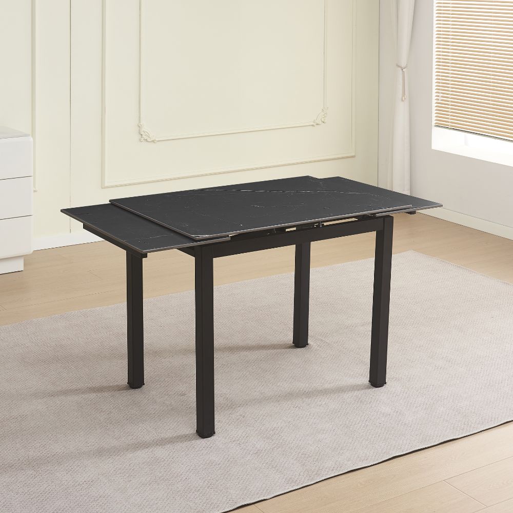 Table extensible Kyoto avec plateau en céramique marbre noir et structure en métal noir 100x70x75H