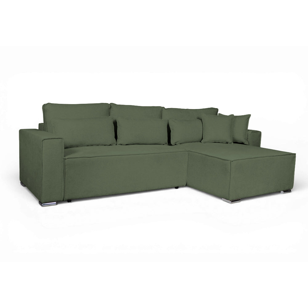 Divano angolare verde con letto Easy Open, contenitore e penisola reversibile Emily