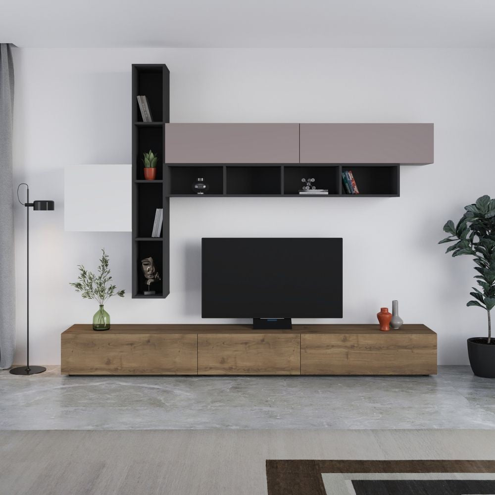 Parete attrezzata noce antracite bianco e tortora Fashion 275x40x205H