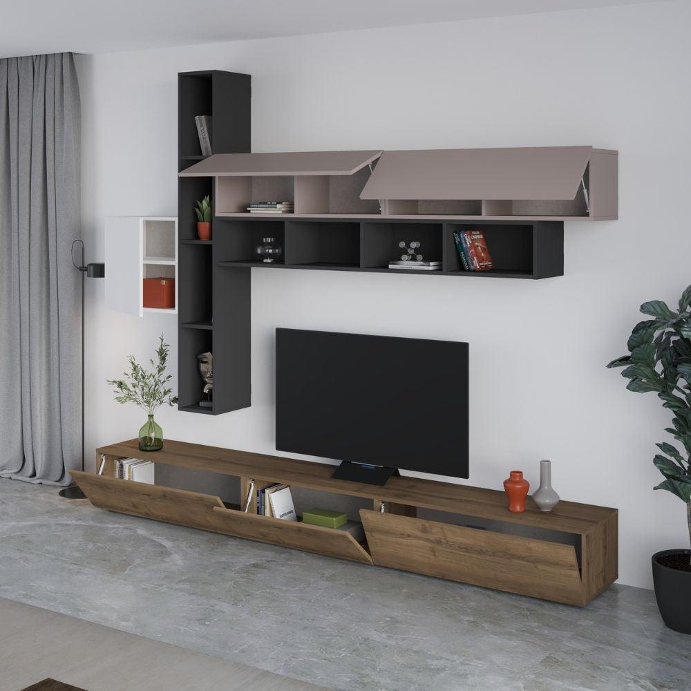 Parete attrezzata noce antracite bianco e tortora Fashion 275x40x205H