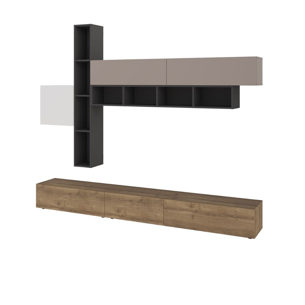 Parete attrezzata noce antracite bianco e tortora Fashion 275x40x205H