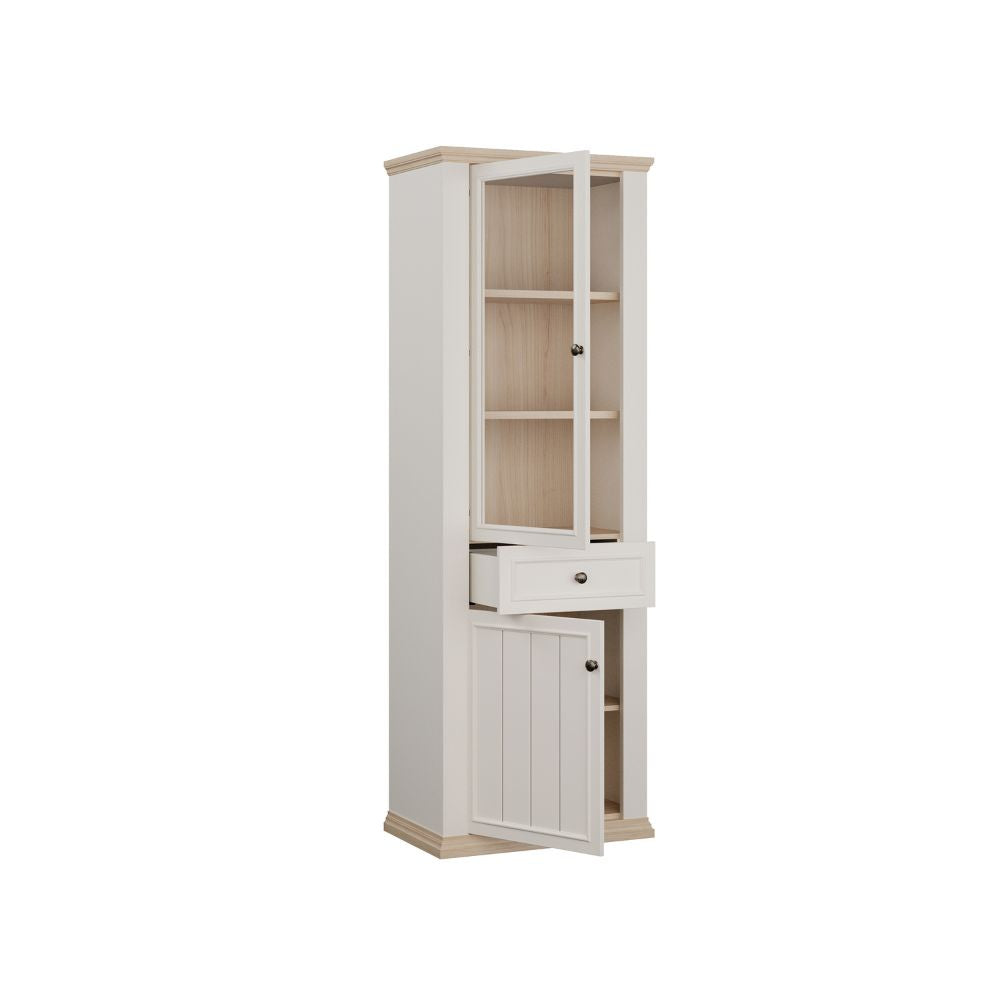 PNTV711-Q214 VITRINE IN WEISS UND EICHE MIT 2 TÜREN UND EINER SCHUBLADE