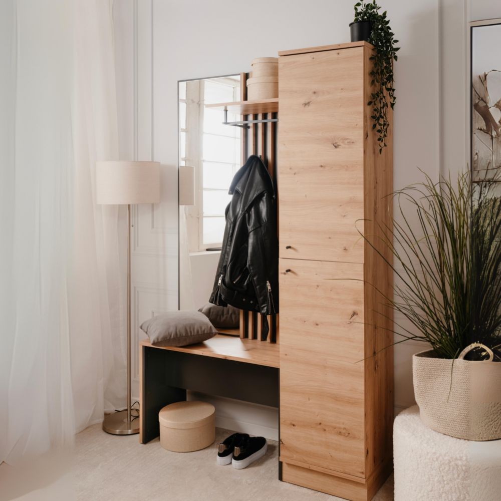 Mobile ingresso con frontale cannettato e specchio Medan42B colore quercia antracite 122x37x190H