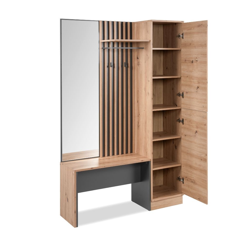 Mobile ingresso con frontale cannettato e specchio Medan42B colore quercia antracite 122x37x190H