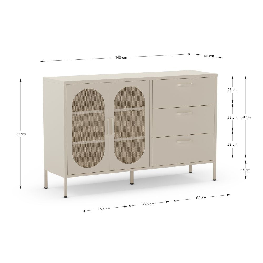 Credenza in metallo colore crema con 2 ante reticolate e 3 cassetti 140 cm - Diora