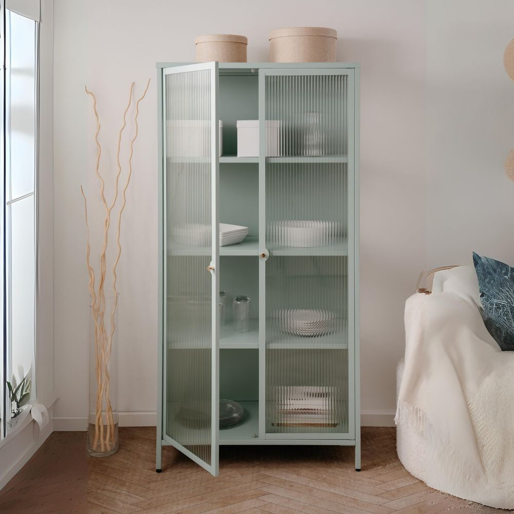 Vetrina in vetro scanalato temperato e acciaio laminato verde menta 2 ante Milton52A 80x40x160H