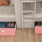 Letto a castello Bunky per due bambini con cassetti e armadio colore bianco consumato e rosa flamingo