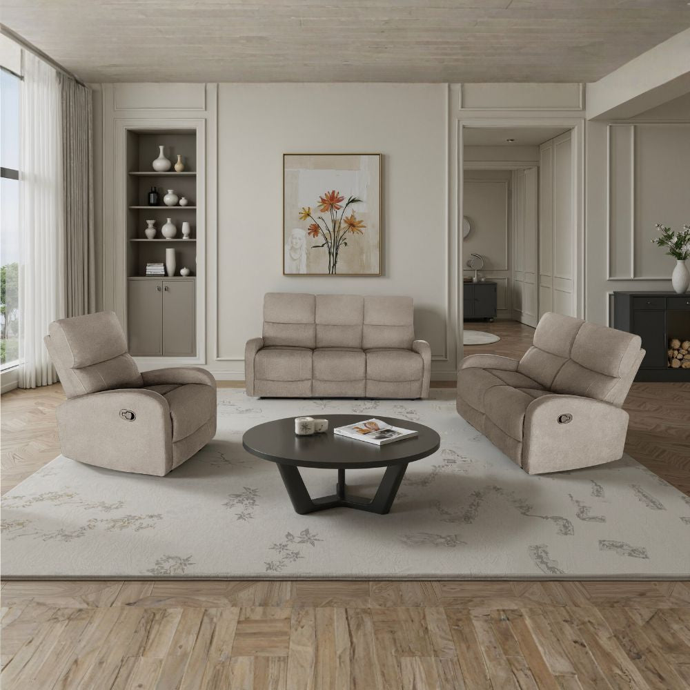 Divano relax 3+2 con poltrona recliner in tessuto beige scuro PotterSET