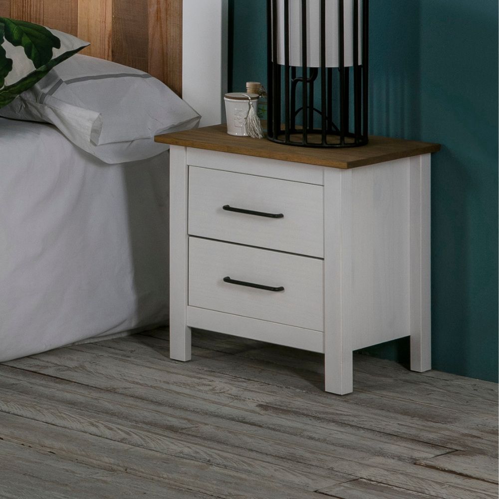 Table de chevet 2 tiroirs en pin massif blanc Miranda