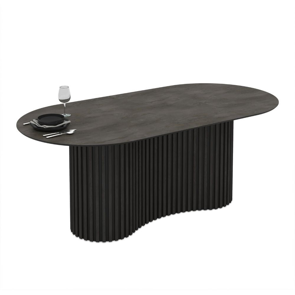 Tavolo ovale fisso piano effetto marmo ardesia opaco e base in Legno cannettata Oscar 200x100x76H