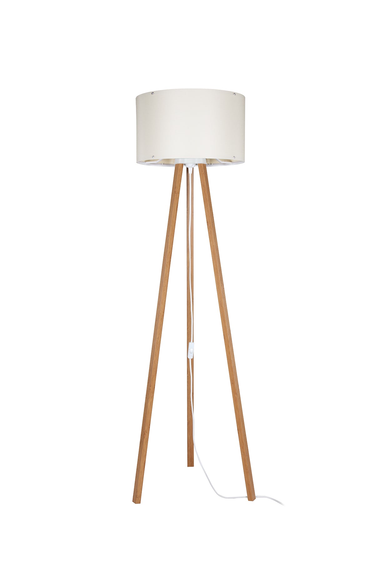 Lampadaire trépied chêne avec abat-jour tissu crème - Piko