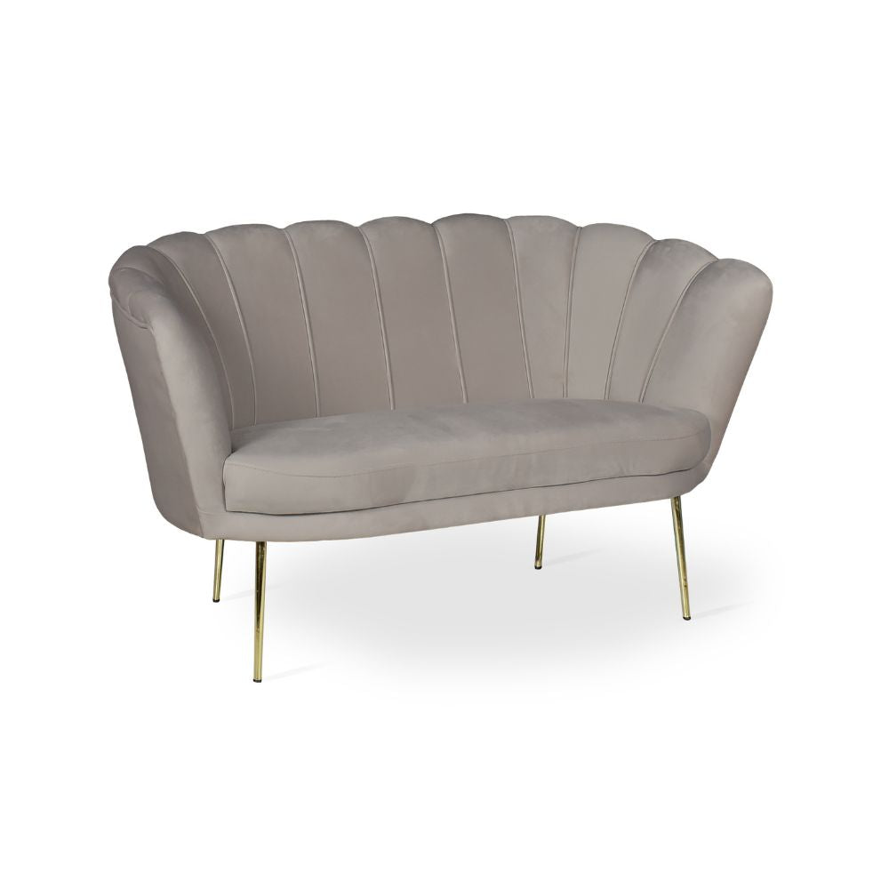 Canapé deux places coquillage velours tourterelle pieds or 135x75H cm - Orel