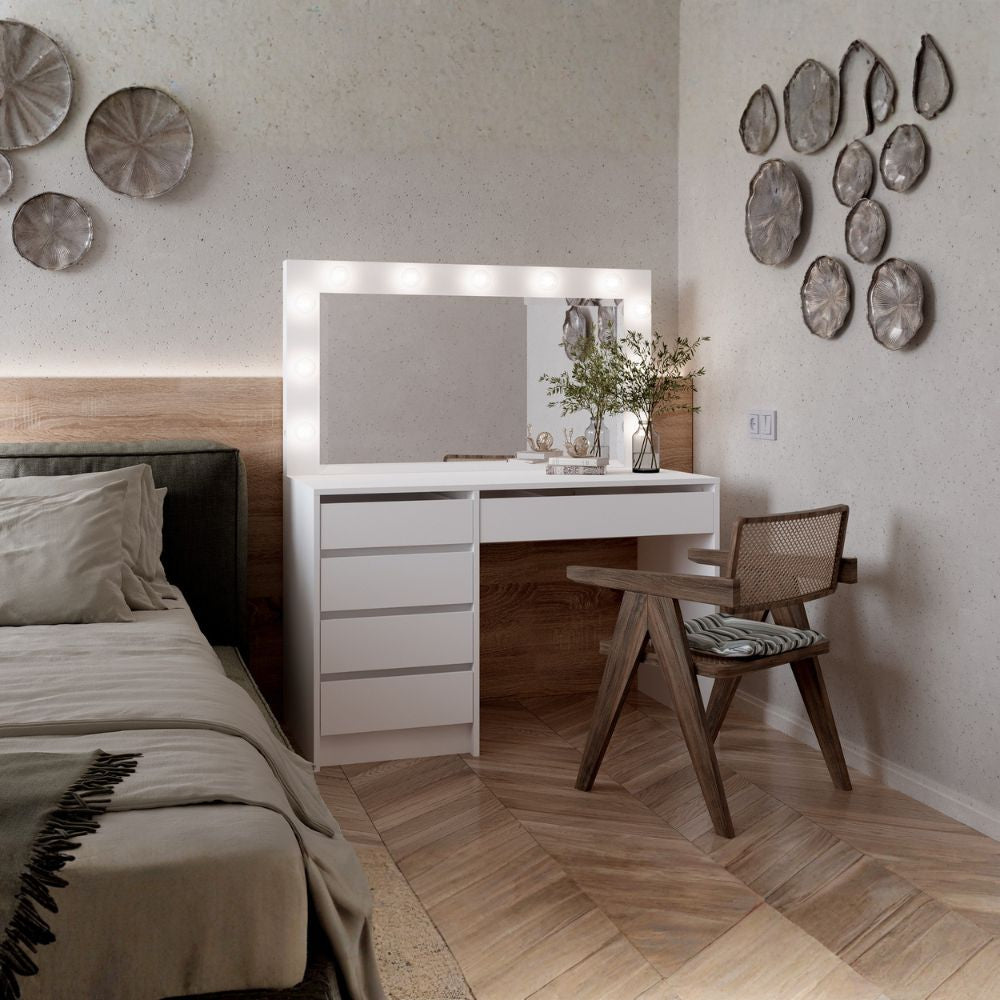 Toeletta trucco Elite bianca con specchio 5 cassetti e lampadine LED 120x55x142,6H