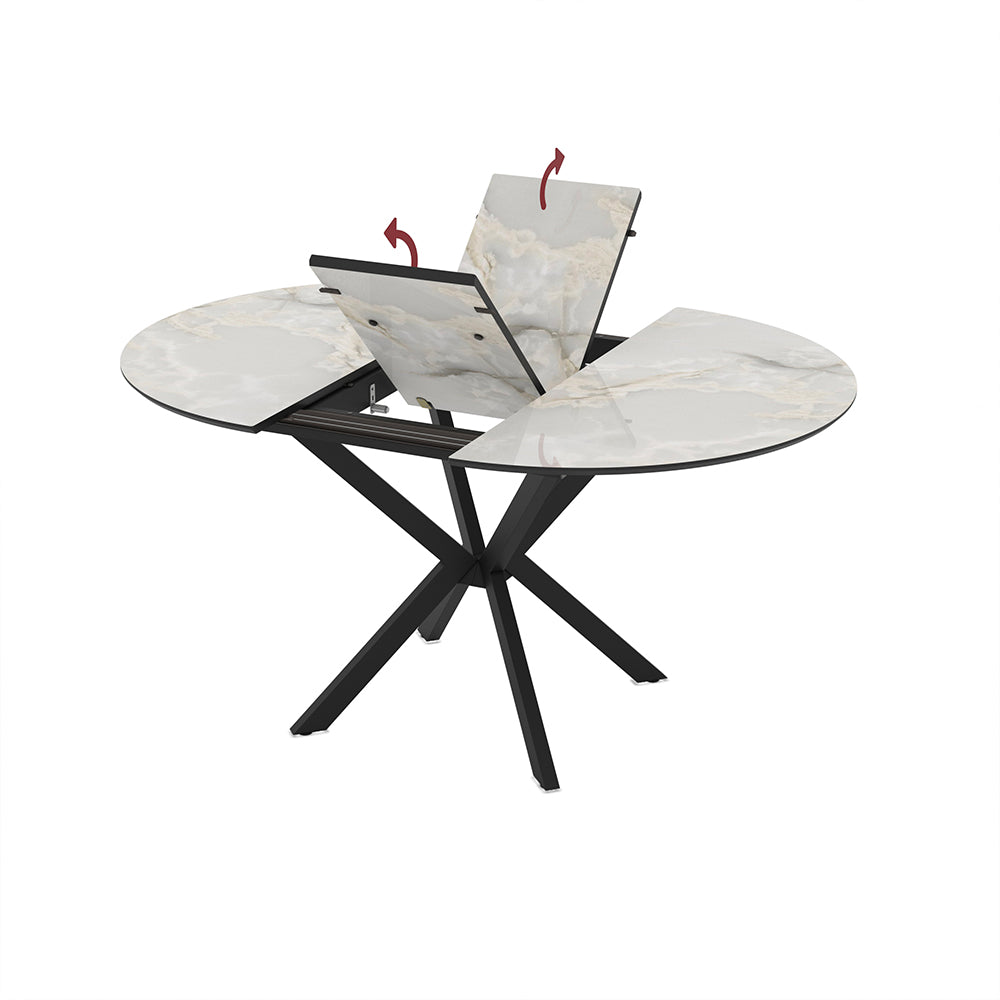 Tavolo rotondo allungabile effetto marmo bianco mola con gambe nere in metallo 110x110x76H Diano