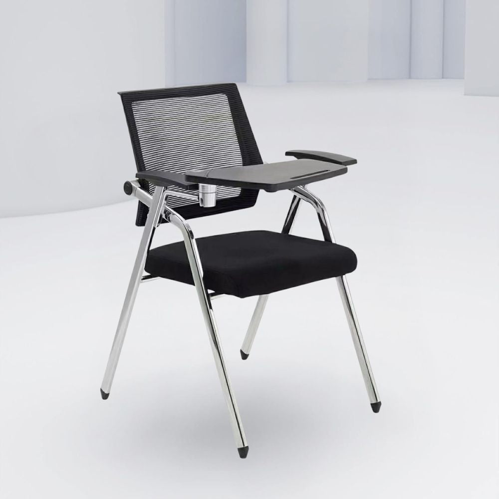 Sedia ufficio con tavolino ribaltabile e schienale in rete nero con gambe cromate - Loreto