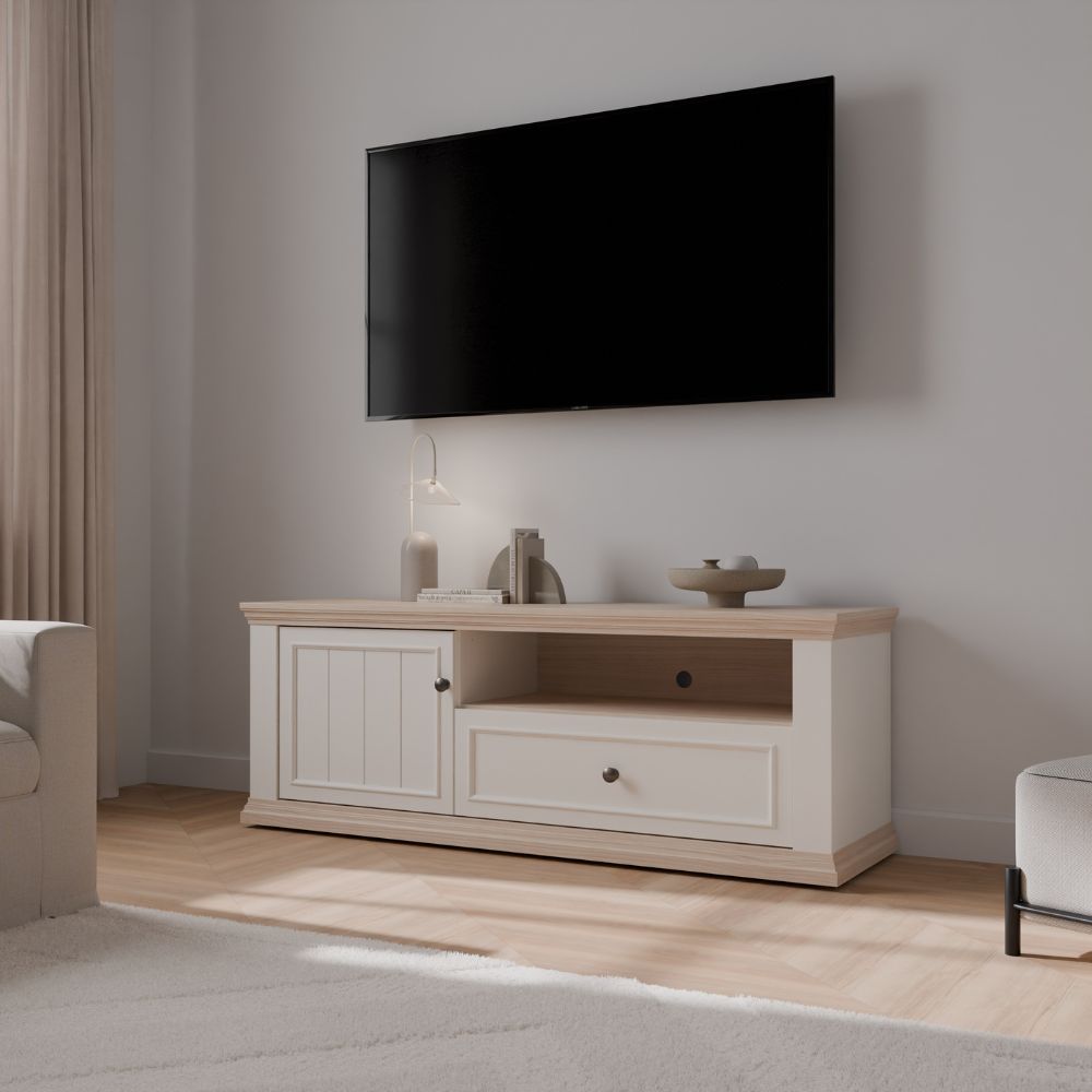 Porta Tv con anta, cassetto e vano a giorno 150 cm colore bianco e rovere Essenza