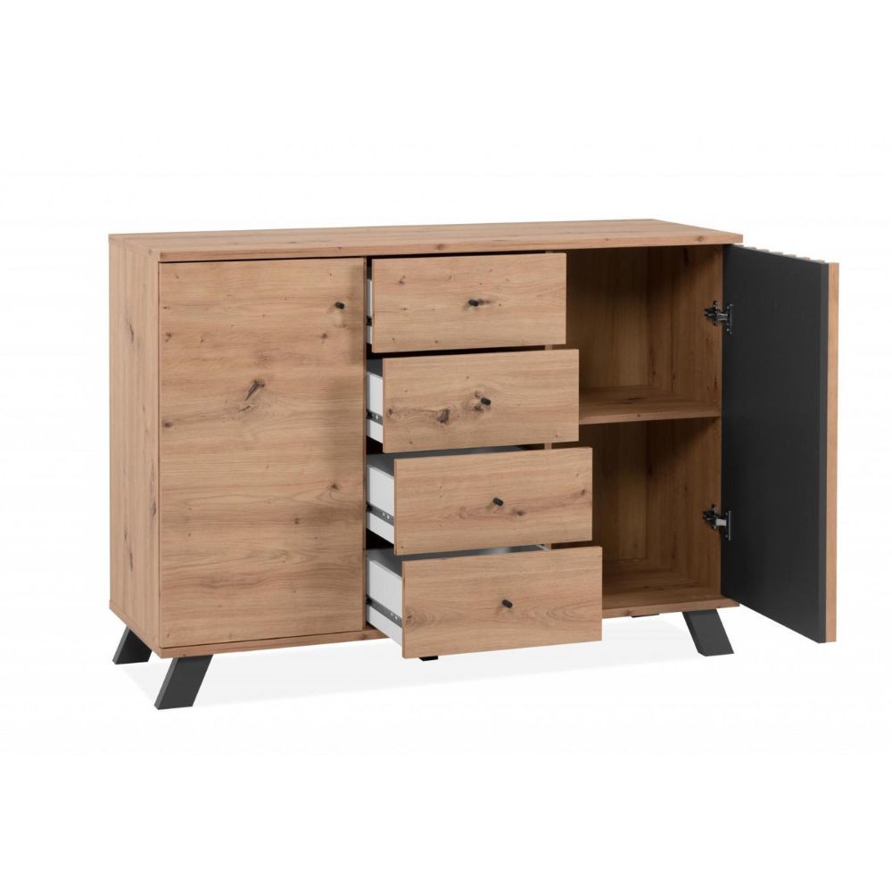 Buffet 118 cm en bois avec 2 portes et 4 tiroirs coloris chêne et anthracite - Medan
